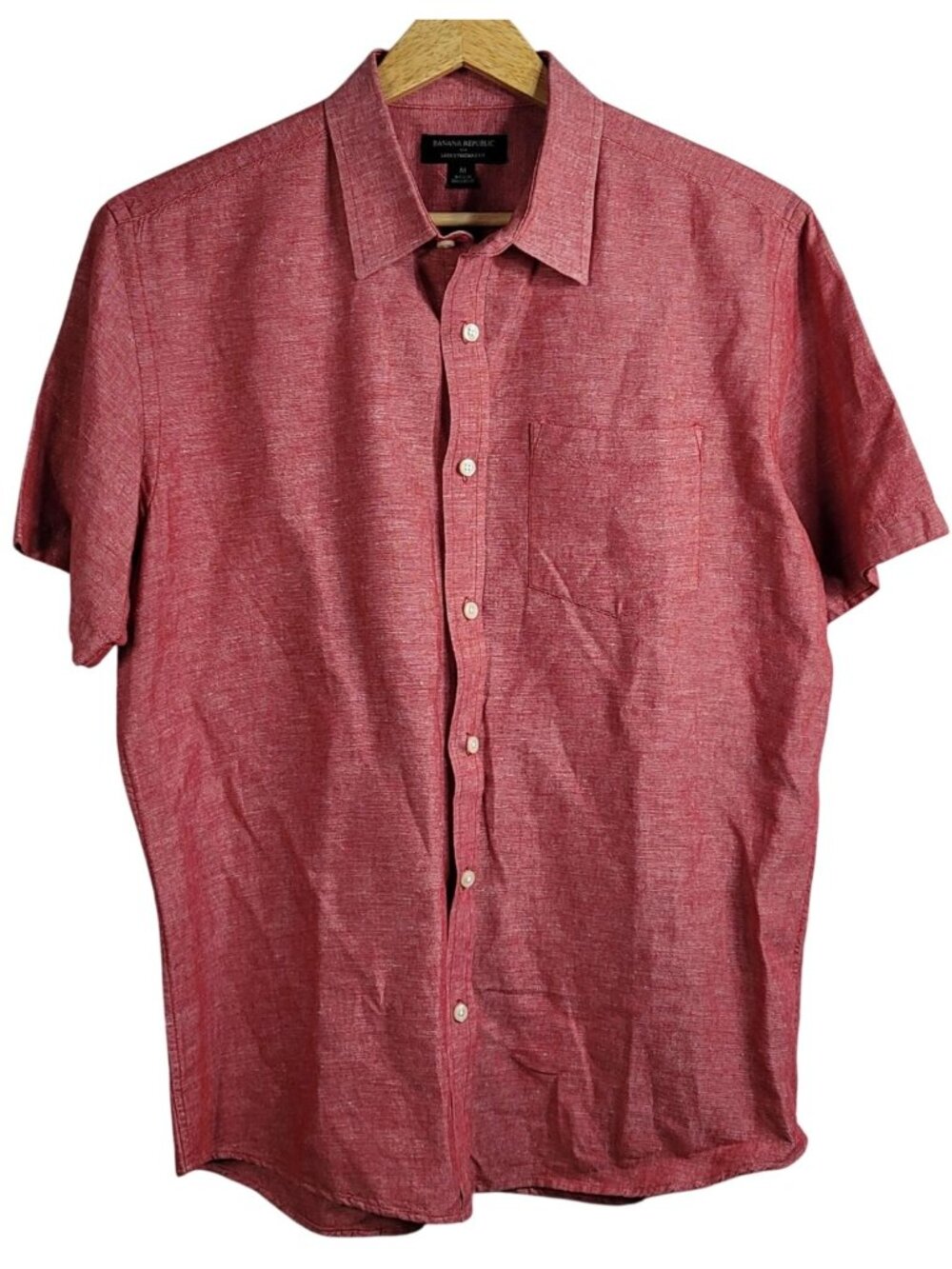 Banana Republic Mens Linen Standard Fit Button Shirt Red MED Pocket Short Sleeve
